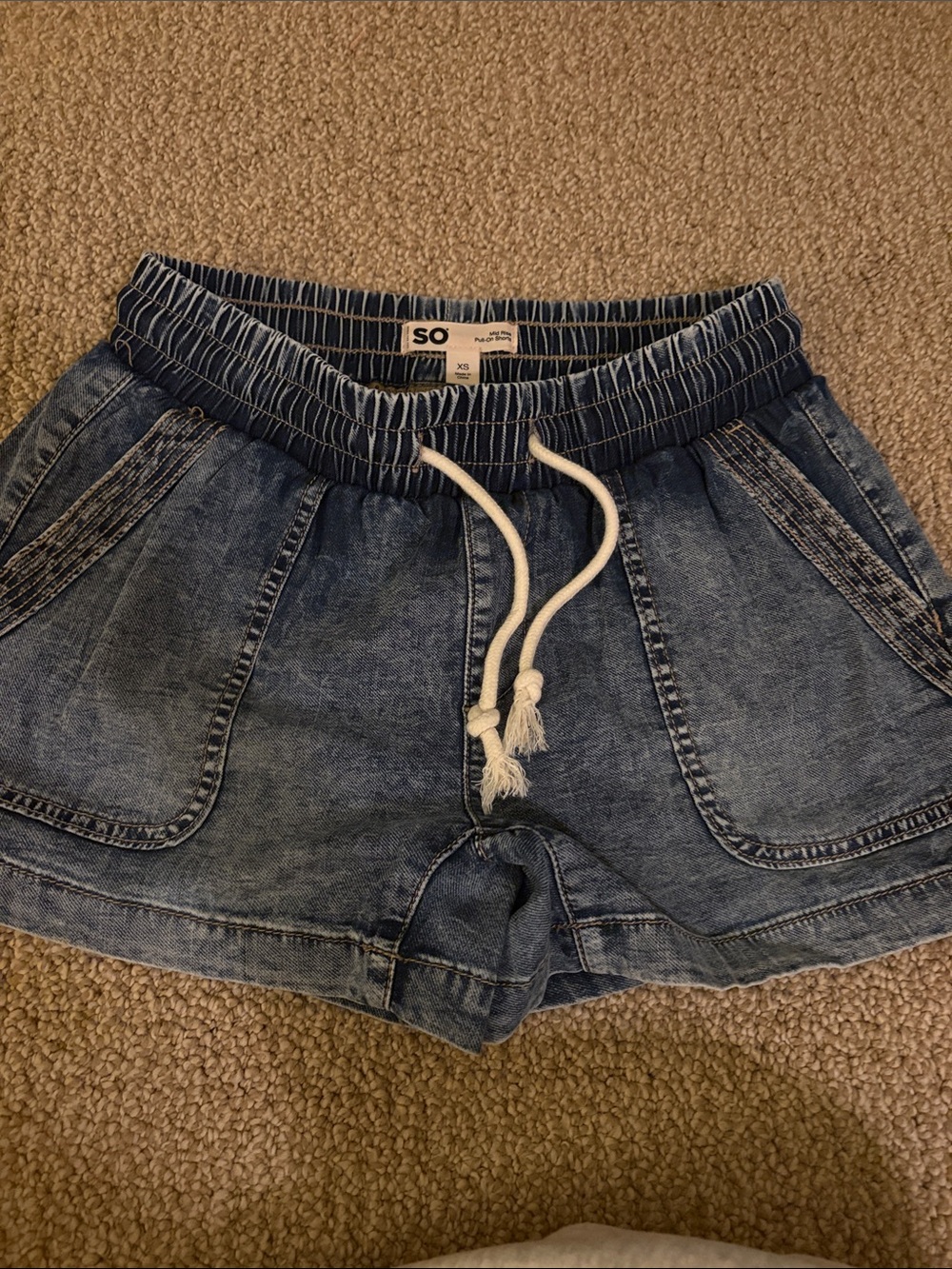 SO Washed Blue Denim-Style Drawstring Shorts